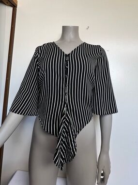 URBAN Romantics Black & White Vertical Stripe Tie-Front Blouse